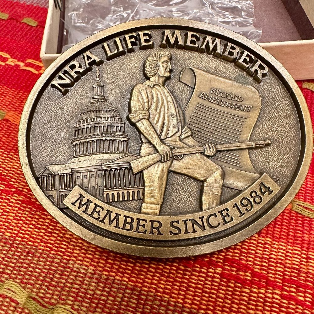 Vintage NOS 1984 NRA National Rifle Life Member Gun Brass Belt Buckle